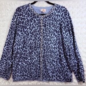 Quacker Factory Women’s Size XL Animal Print Blue Sequin Buttoned Knit Cardigan
